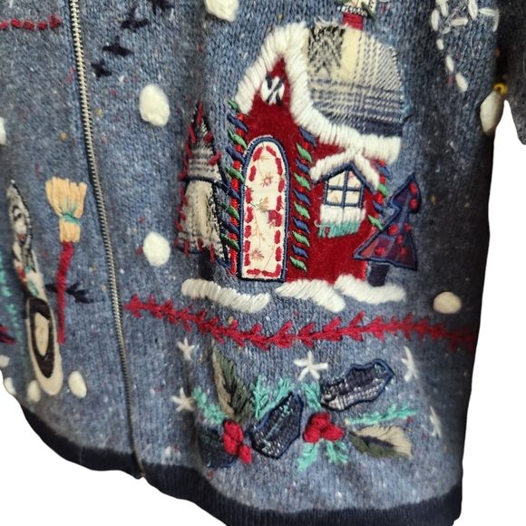 VTG Festive BP Design Embroidered Patchwork Blue Heather Zip Christmas Sweater M - Picture 11 of 15
